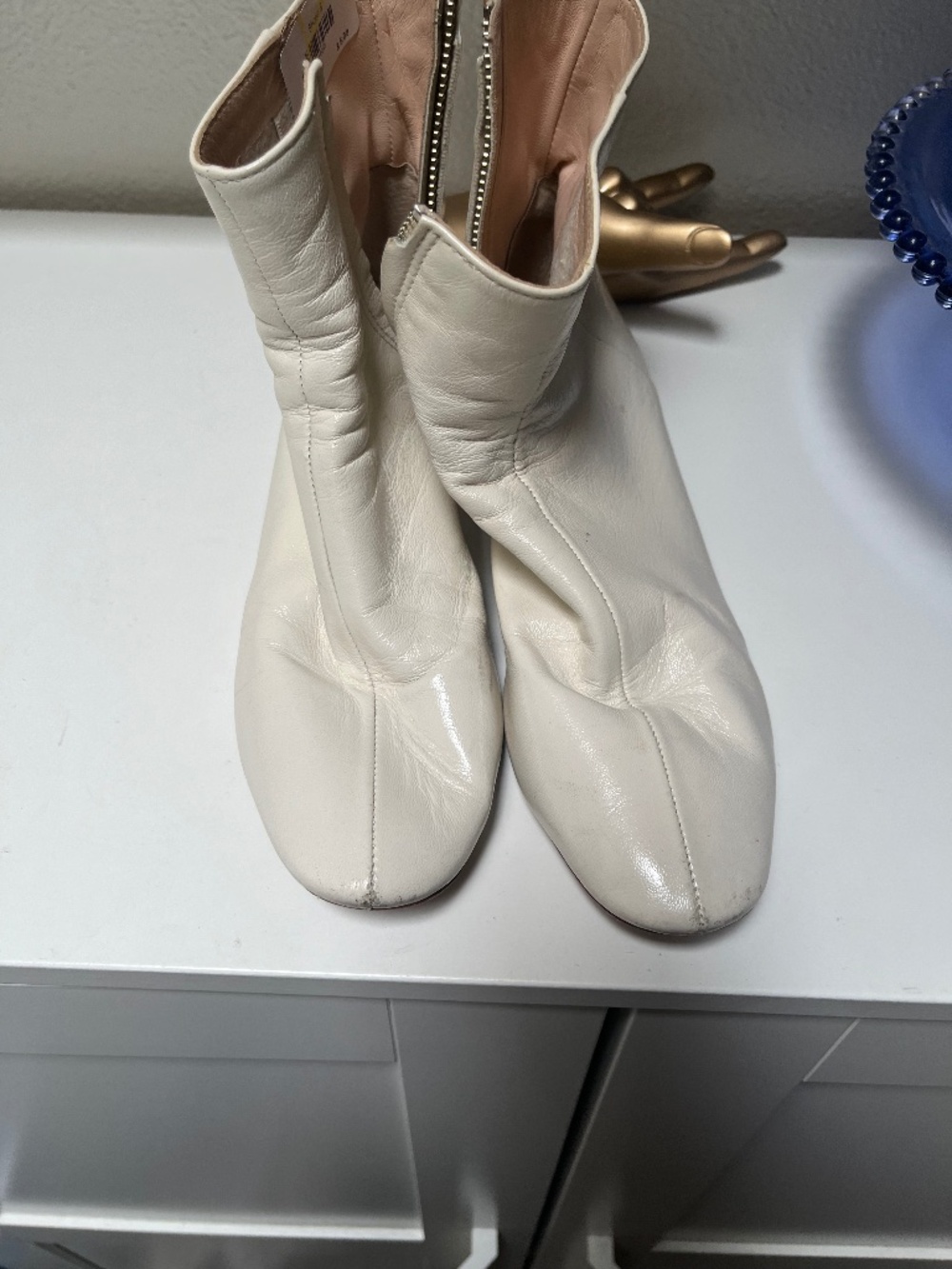 Loeffler Randall Cream Leather Ankle Boots Block Heel Size 5 B
